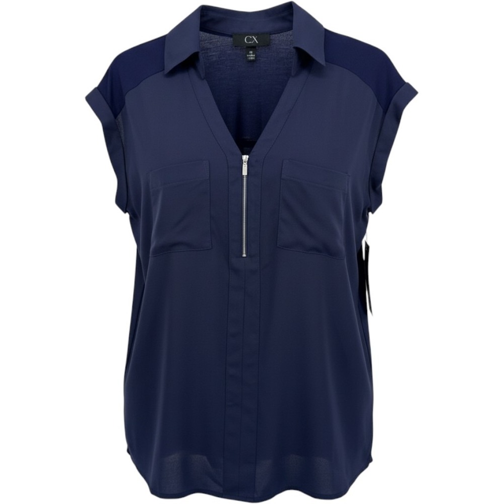 BCX Blouse Women Medium Navy New Mixed Media Quarter Zip Pockets Crepe Top